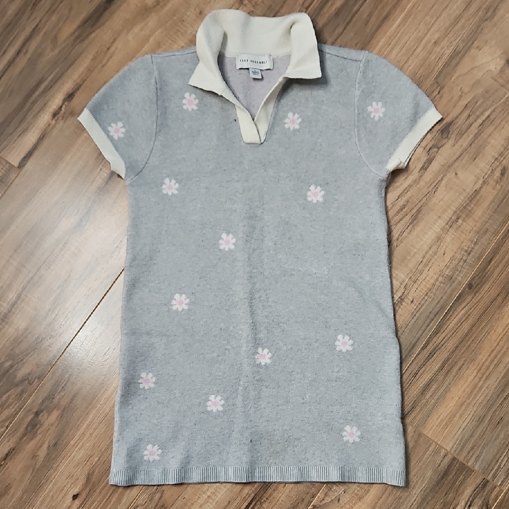 Free Assembly Kids Gray Polo Sweater Dress with Pink Floral Accents 6/6X